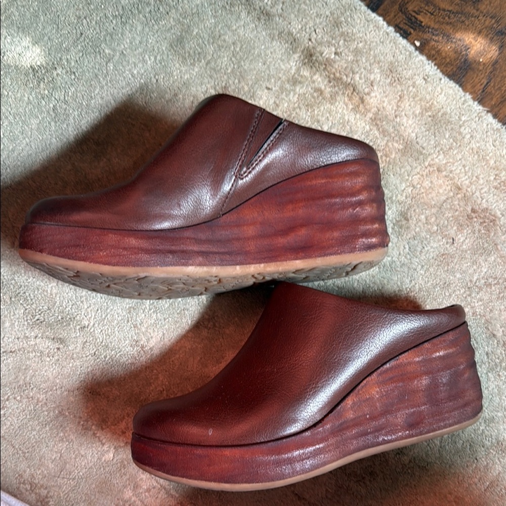 Kork-Ease Rich Brown Leather Wedge Mules